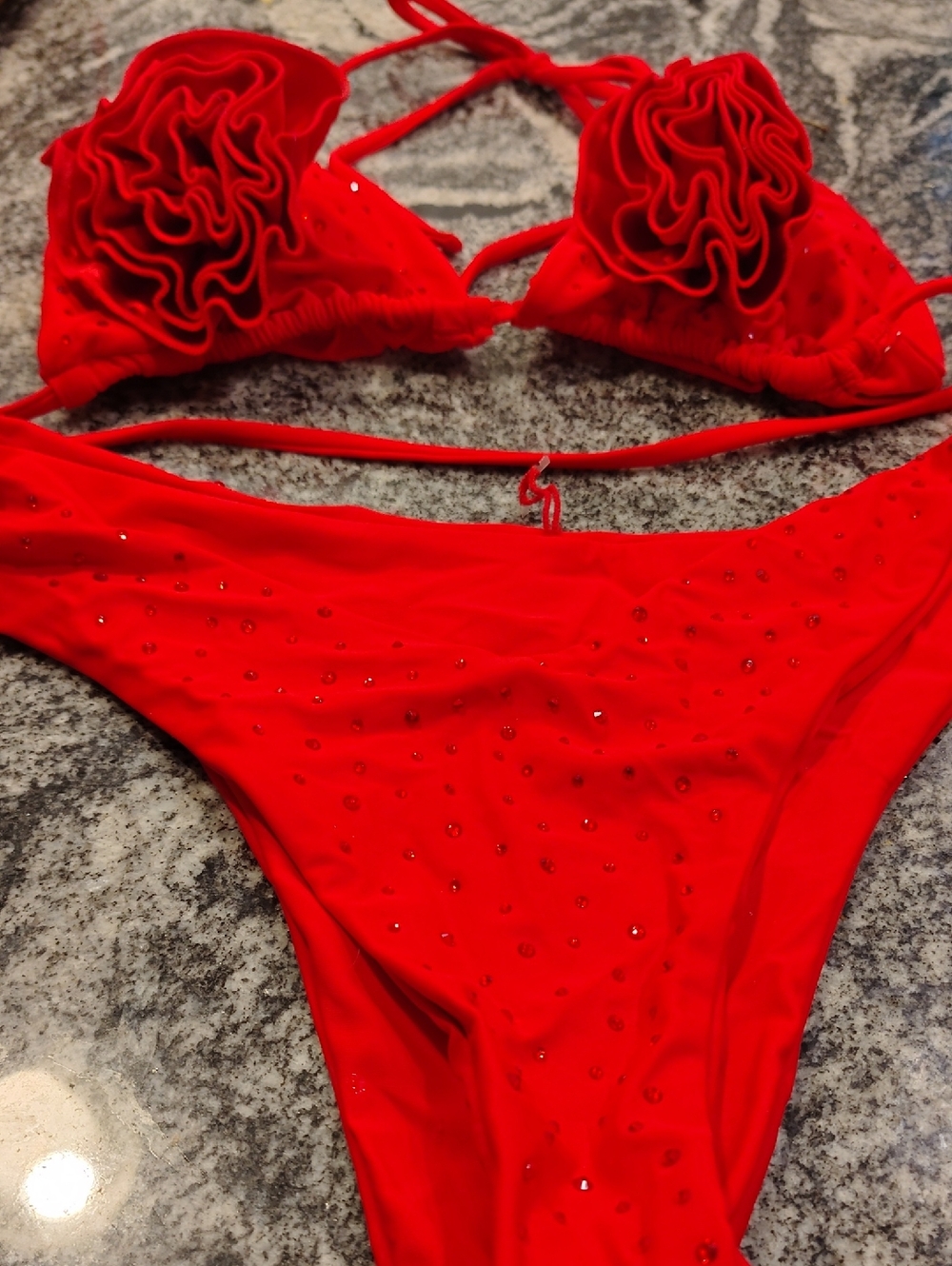 Women’s Red Ruffled Rhinestone Bikini Set - Picture 2 of 4
